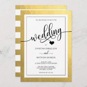 Invitation Mariage de Coeur noir et blanc Classy Faux Gold Fo