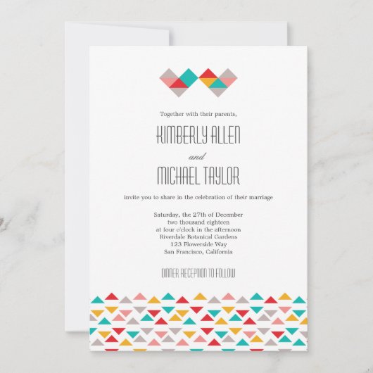 Invitation Mariage de Coeurs triangles géométriques colorés (Devant)