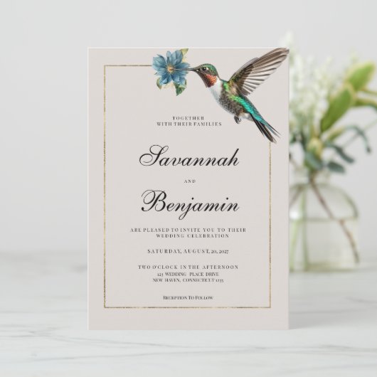 Invitation Mariage de colibri à l'ombre douce et cendrée (Debout devant)
