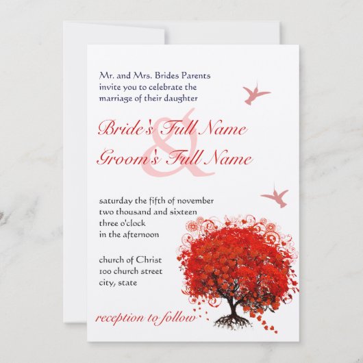 Invitation Mariage de colibri des feuilles de coeur rouge (Dos)