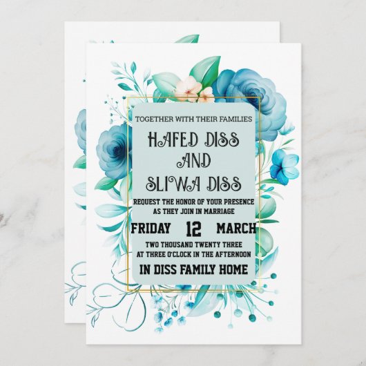 Invitation Mariage de conception florale bleu marine (Devant / Derrière)