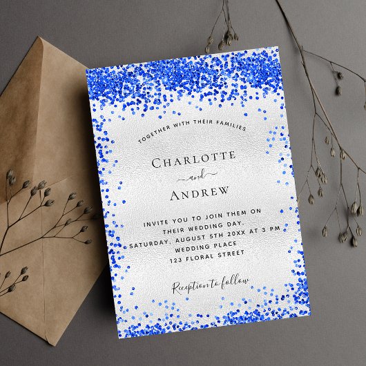 Invitation Mariage de confetti bleu roi d'argent