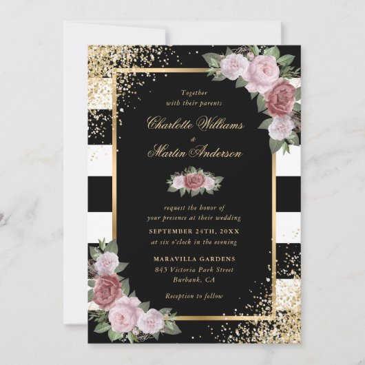 Invitation Mariage de Confetti en or noir rose (Devant)