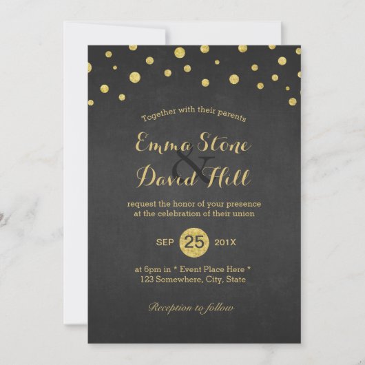 Invitation Mariage de Confetti Noir & Or moderne (Devant)