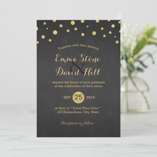 Invitation Mariage de Confetti Noir & Or moderne (Debout devant)