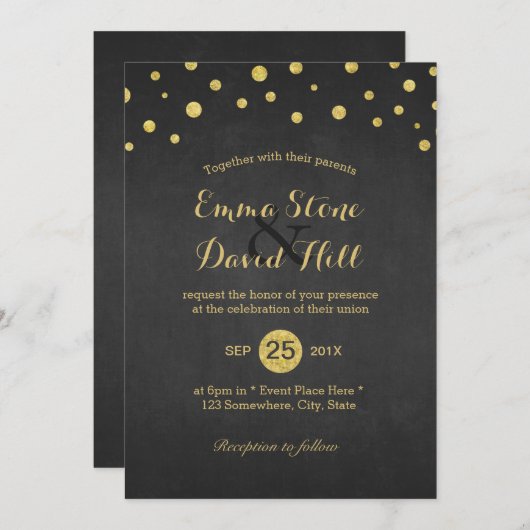 Invitation Mariage de Confetti Noir & Or moderne (Devant / Derrière)