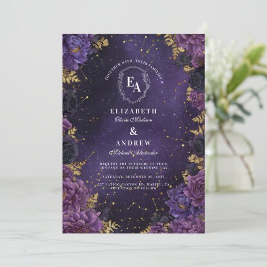 Invitation Mariage de constellation violette romane foncé (Debout devant)
