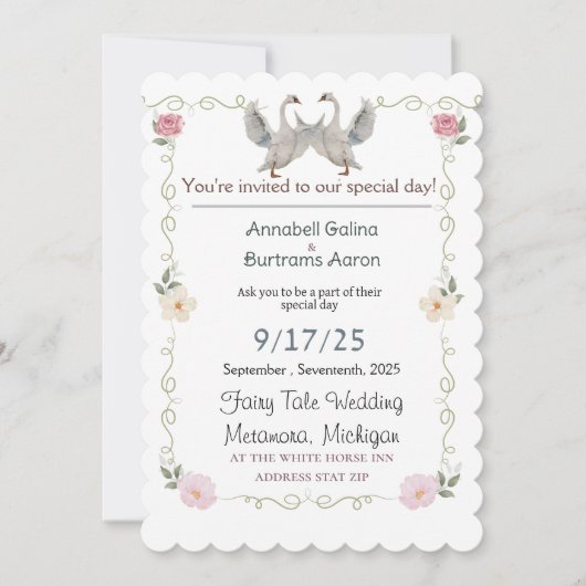 Invitation mariage de conte de fées de cygne (Devant)
