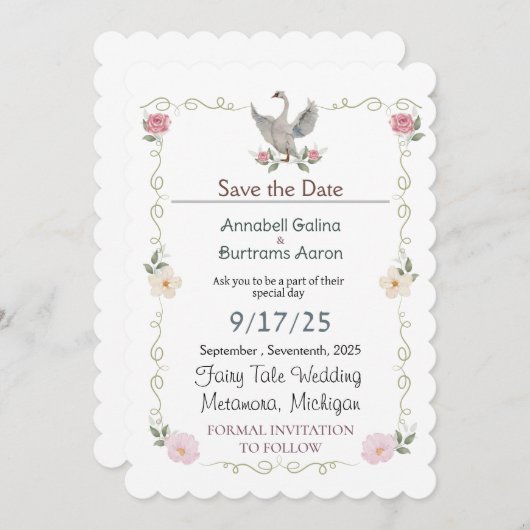 Invitation mariage de conte de fées de cygne (Devant / Derrière)
