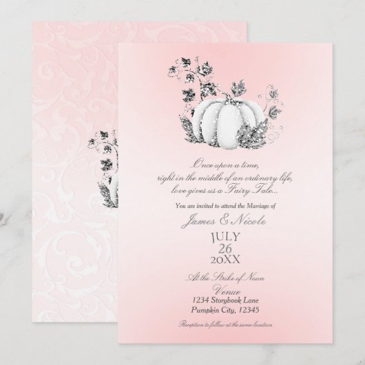 Invitation Mariage de conte de fées rose et argent de citroui (Devant / Derrière)
