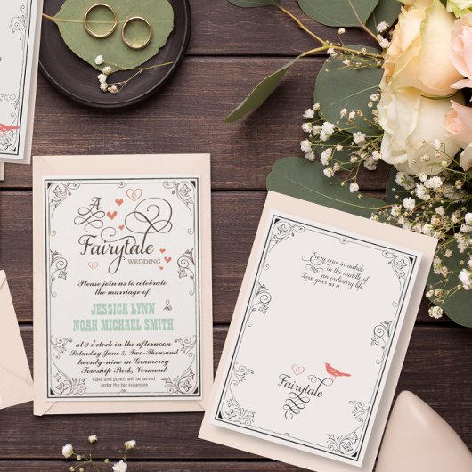 Invitation Mariage de conte de fées typographique cœurs menth