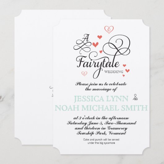 Invitation Mariage de conte de fées typographique Menthe et C (Devant / Derrière)