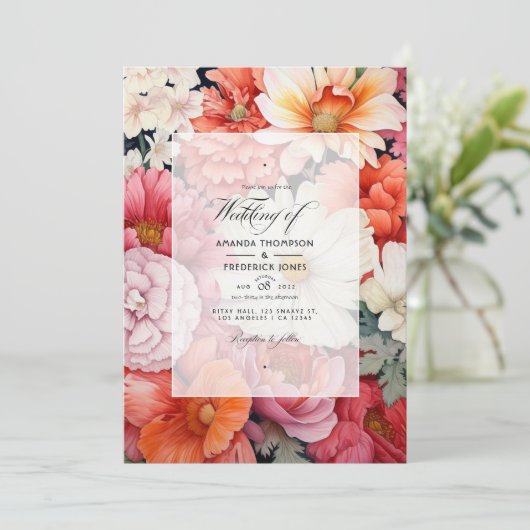 Invitation Mariage de corail et de fleurs blanches (Debout devant)