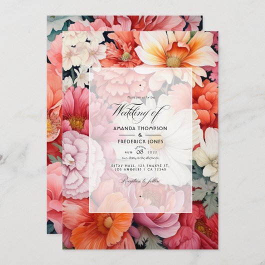 Invitation Mariage de corail et de fleurs blanches (Devant / Derrière)
