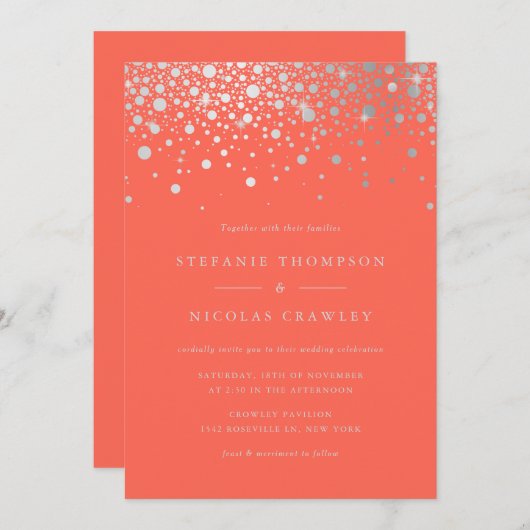 Invitation Mariage de corail Faux Silver Foil Confetti Dots (Devant / Derrière)