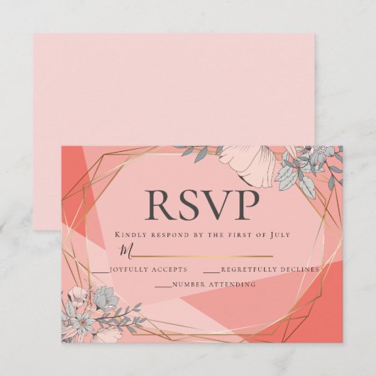 Invitation Mariage de corail tendance RSVP cadre or floral (Devant / Derrière)