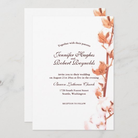 Invitation Mariage de coton blanc rustique (Devant / Derrière)