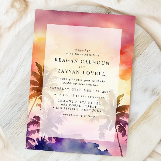 Invitation Mariage de coucher de soleil tropicale aquarelle