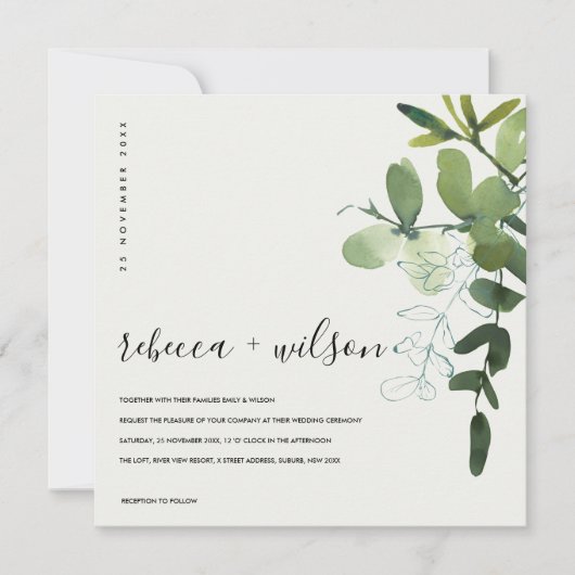INVITATION MARIAGE DE COULEUR D'EAU EN VERT BLANC EUCALYPTUS (Devant)
