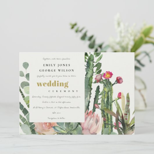 Invitation Mariage DE COULEUR D'EAU FLORALE ROSE CACTI FOLIAG (Debout devant)