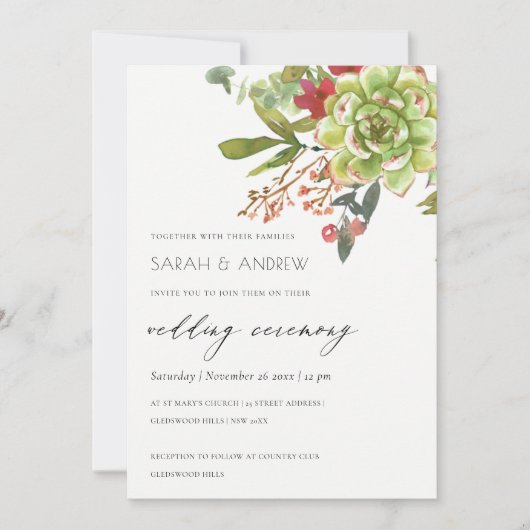 INVITATION MARIAGE DE COULEUR D'EAU FLORALE SUCCULTE CACTUS O (Devant)