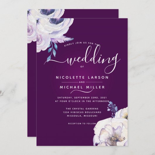 Invitation Mariage de couleur et de fleurs Lilac moderne Cass (Devant / Derrière)