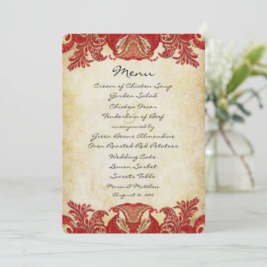 Invitation Mariage de couleur Peacock or rouge (Debout devant)