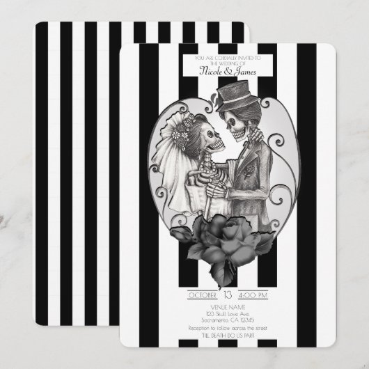 Invitation Mariage de couple d'amour de squelette Danse gothi (Devant / Derrière)