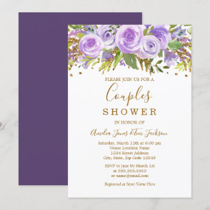 Invitation Mariage de couple Rose Florale Paillettes Or Viole