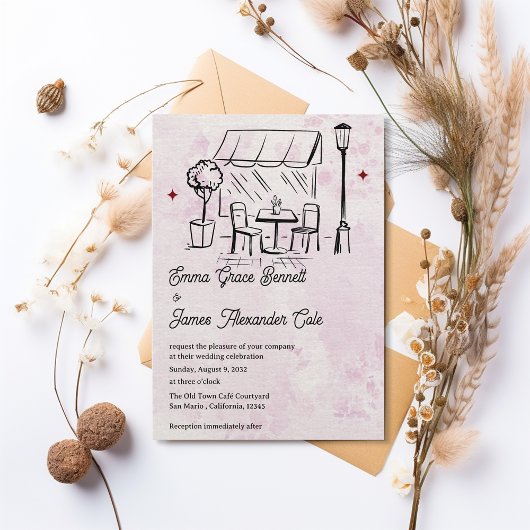 Invitation Mariage de cour dans un bistro dessiné à la main