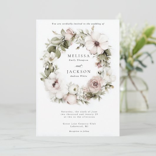 Invitation Mariage de courme de fleurs d'aquarelle de crème (Debout devant)