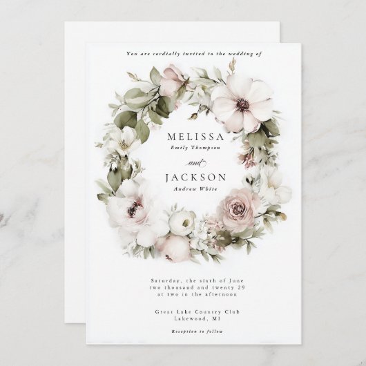 Invitation Mariage de courme de fleurs d'aquarelle de crème (Devant / Derrière)