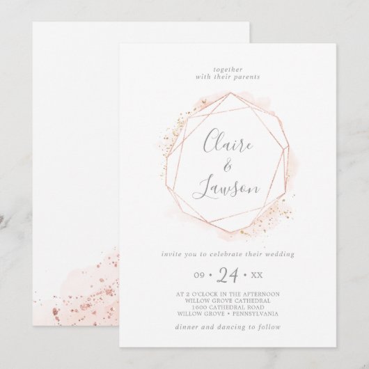 Invitation Mariage de courme géométrique rose or (Devant / Derrière)