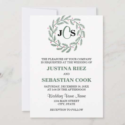 Invitation Mariage de couronne À feuillage persistant Monogra (Devant)