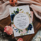 Invitation Mariage de couronne bleu marine et rose pâle