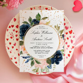 Invitation Mariage de couronne bleu marine et rose pâle