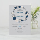 Invitation mariage de couronne botanique bleu marine et blanc (Debout devant)