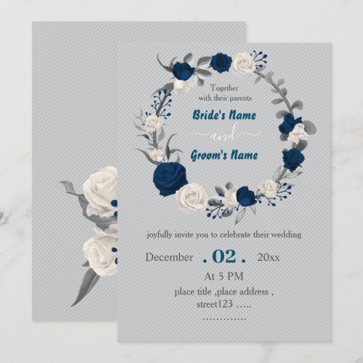 Invitation mariage de couronne botanique bleu marine et blanc (Devant / Derrière)