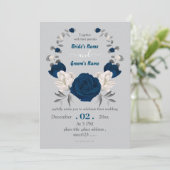 Invitation mariage de couronne botanique bleu marine et blanc (Debout devant)