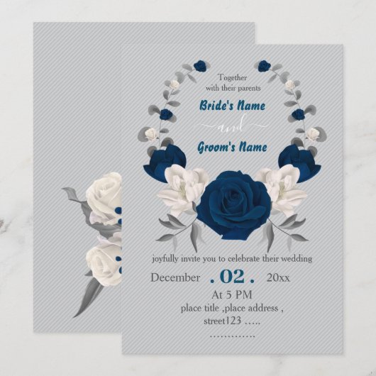 Invitation mariage de couronne botanique bleu marine et blanc (Devant / Derrière)