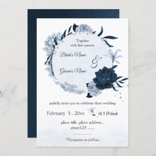 Invitation mariage de couronne botanique marine et bleu pouss