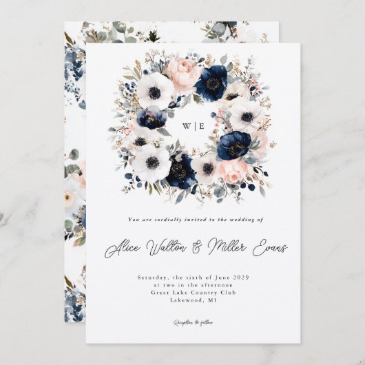 Invitation Mariage de couronne d'anémone bleu, rose et blanc (Devant / Derrière)