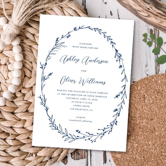 Invitation Mariage de couronne de Fleur sauvage bleu rustique