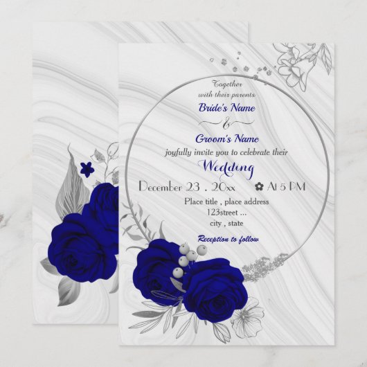 Invitation mariage de couronne de fleurs bleues royales (Devant / Derrière)