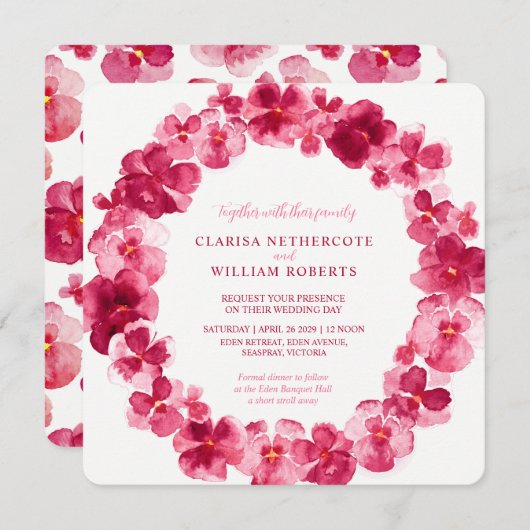 Invitation Mariage de couronne de fleurs d'aquarelle rouge (Devant / Derrière)
