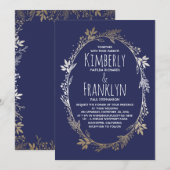 Invitation Mariage de couronne de fleurs de marine et d'or (Devant / Derrière)