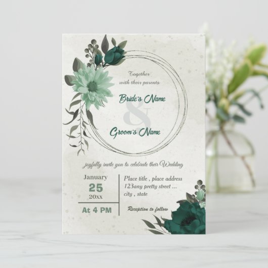 Invitation mariage de couronne de fleurs vert émeraude (Debout devant)