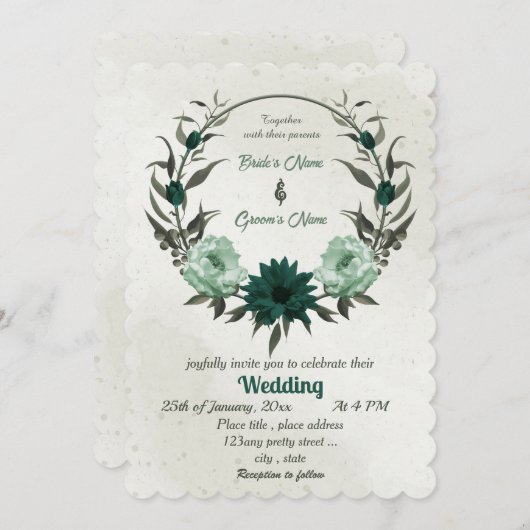 Invitation mariage de couronne de fleurs vert émeraude (Devant / Derrière)