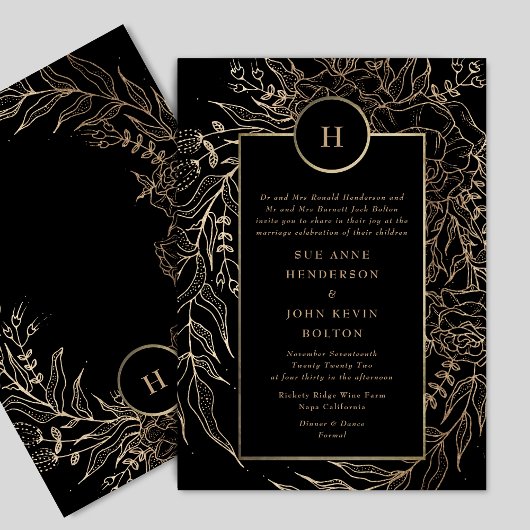 Invitation Mariage de couronne de monogramme d'or noir Premiu