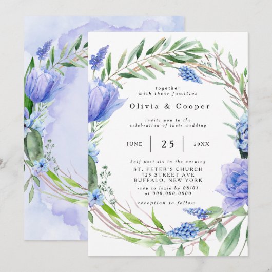 Invitation Mariage de couronne de pivoine violet Dusty Blue H (Devant / Derrière)